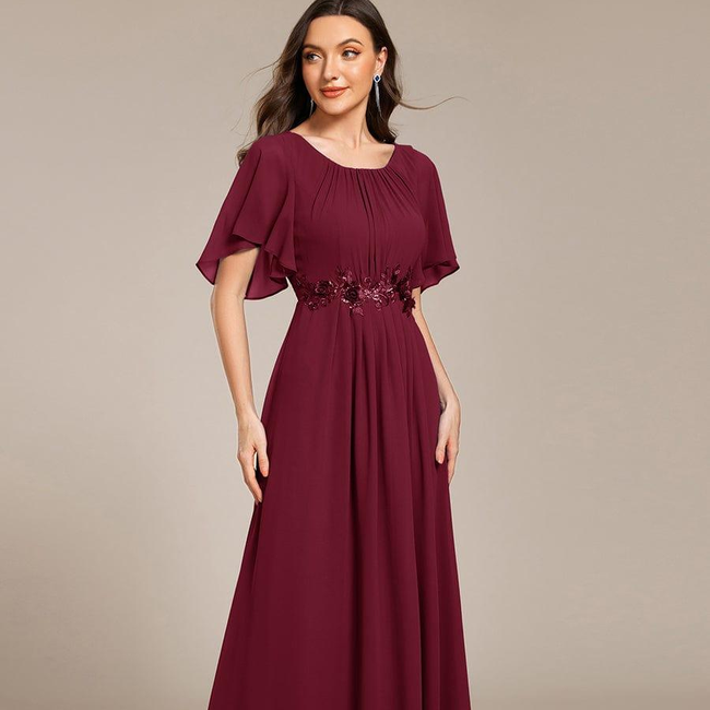 ever ASPYN|Short Sleeve Pleated Applique A-Line Floor-Length Formal Evening Dress-gallery-32875371069514
