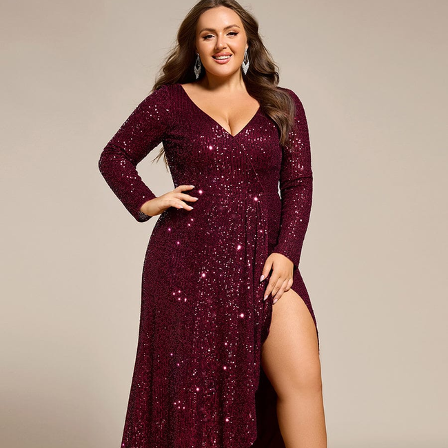 ever SYREN|Sequin Long Sleeve V-neck Asymmetrical Hem Evening Dress-gallery-34466379432010