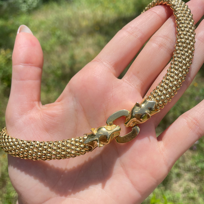 Vintage yellow 18K Riccardo Masella designer Panther clasp bead link collar necklace, 16 inch-gallery-54226768560443