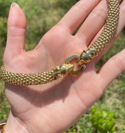 Vintage yellow 18K Riccardo Masella designer Panther clasp bead link collar necklace, 16 inch