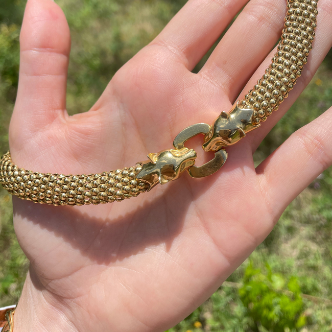 Vintage yellow 18K Riccardo Masella designer Panther clasp bead link collar necklace, 16 inch-gallery-54226768560443