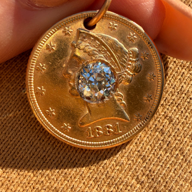 Antique yellow 21K gold 1881 $5 US Liberty coin with approx 1.1 ctw old mine cut diamond pendant-gallery-57083582480699