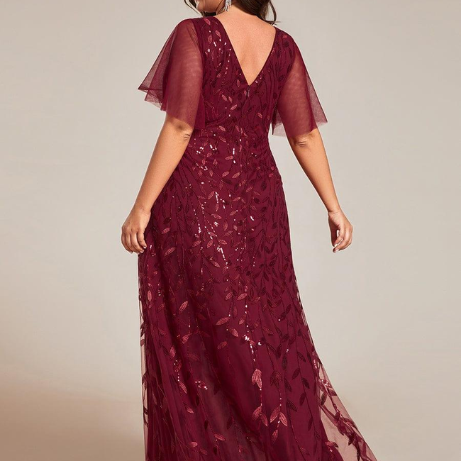 pretty ALIX|Plus Size Short Sleeves Sequin High Low V-Neck Midi Formal Evening Dress-gallery-30613783904330