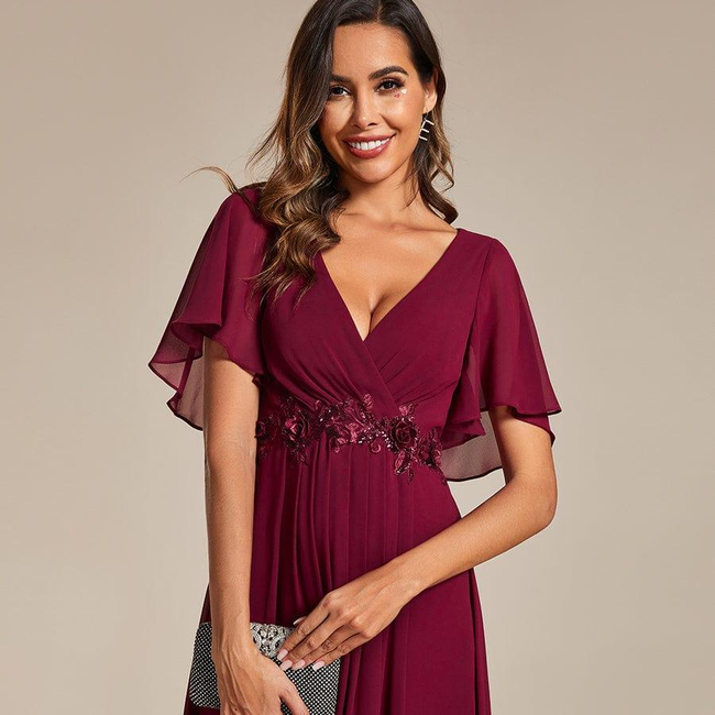 ever DAHLIA|Floral Applique Short Sleeve V-Neck Chiffon Bridesmaid Dress-gallery-32687590244426