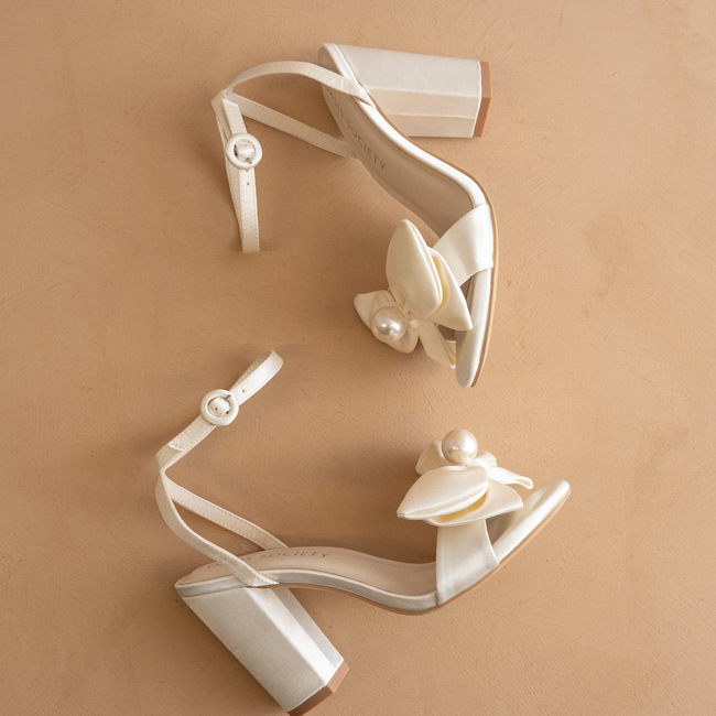 The Celine | Ivory Pearl Bow Bridal Block Heel-gallery-42358631825585