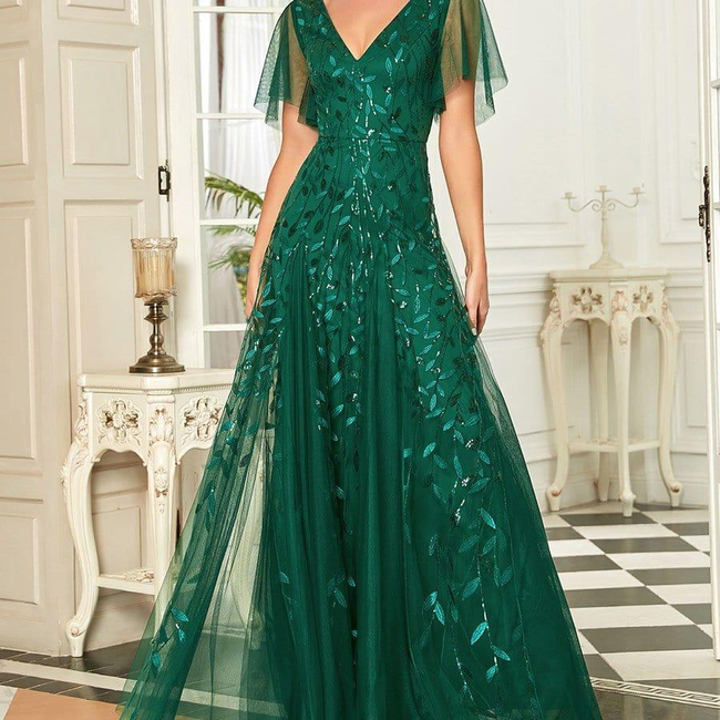 ever ASTRAL|Ruffle Sleeves Leaf Sequin Maxi Bridesmaid Dress-gallery-32686699970634