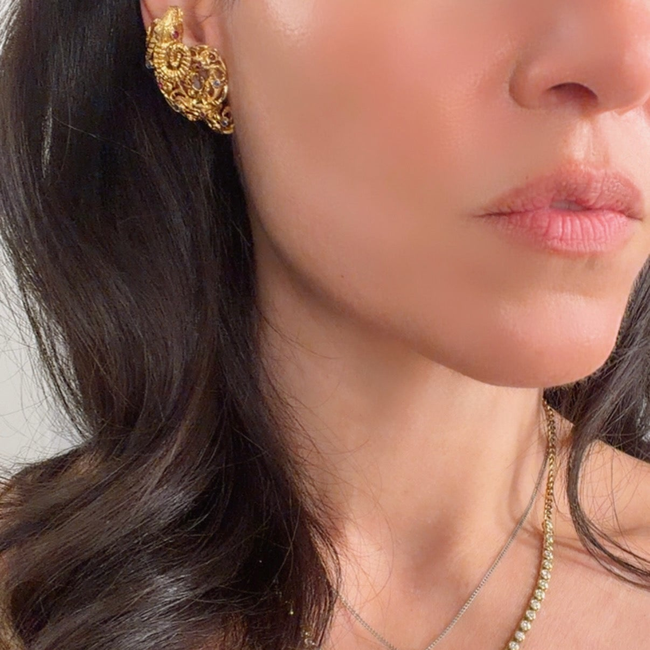 Vintage circa 1960s yellow 18K approx .6ctw sapphire and ruby ram clip statement earrings-gallery-56906652975419