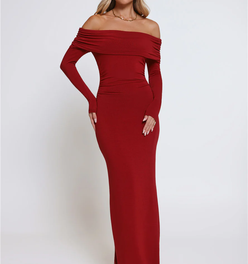 Mind Made Up Off Shoulder Long Sleeve Maxi Dress Wine