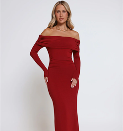 Mind Made Up Off Shoulder Long Sleeve Maxi Dress Wine