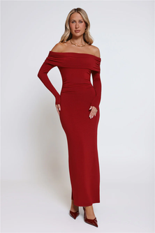 Mind Made Up Off Shoulder Long Sleeve Maxi Dress Wine