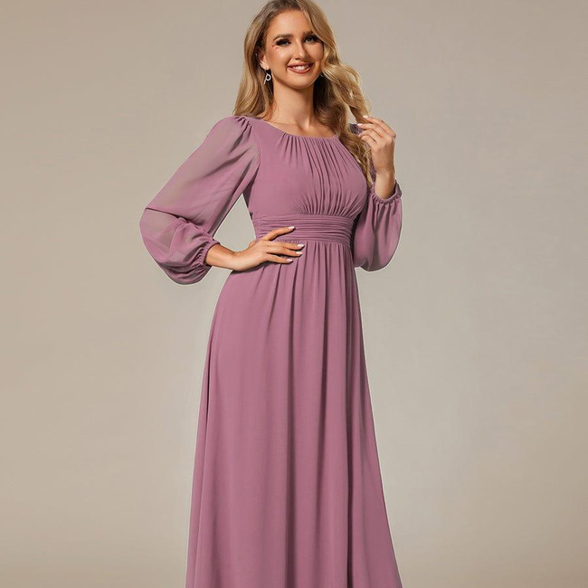 ever CELESTE|Long Sleeve Chiffon A-Line Empire Waist Formal Dress-gallery-32686617591882