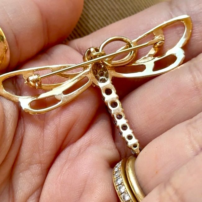 Vintage yellow 14K approx .35 ctw sapphire, ruby and .11 ctw diamond dragonfly pendant pin-gallery-56500598899003