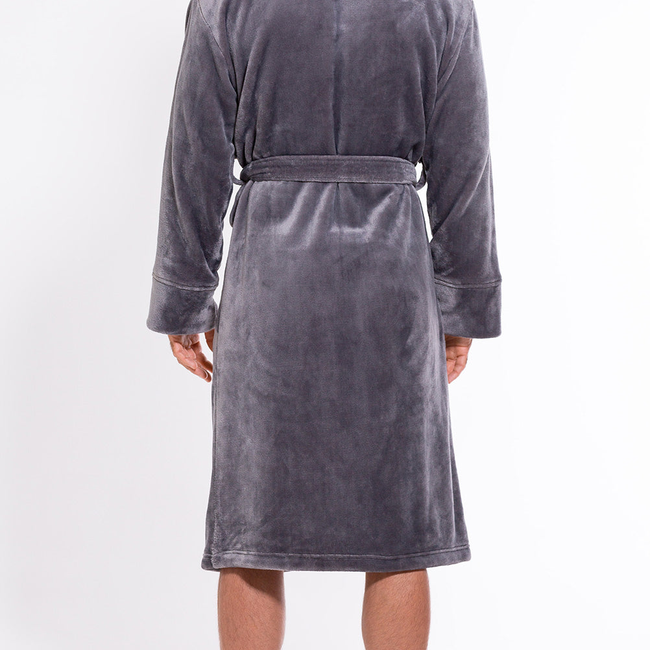 Men's Gray Plush Soft Warm Fleece Bathrobe with Hood, Comfy Men's Robe-gallery-46194649268483