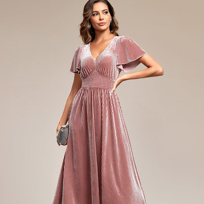 ever AZALEA|Graceful V-Neck Waist Design Short Sleeves Fall Velvet Midi Wedding Guest Dress-gallery-30247760330826