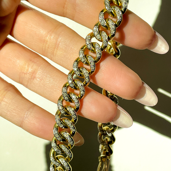 Vintage yellow solid 18K gold round approx 4 ctw old cut diamond curb bracelet with double side safe-gallery-51312276439355