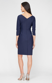 3/4 Sleeve Short Contour Collection Dress Featuring SmoothFit Fabric with Surplice Neckline, Beaded 
