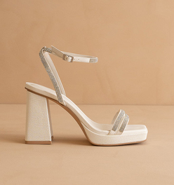 The Suva | White Rhinestone and reptile print strappy block heel