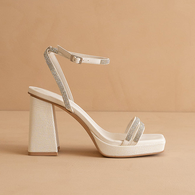 The Suva | White Rhinestone and reptile print strappy block heel-gallery-37684258078897