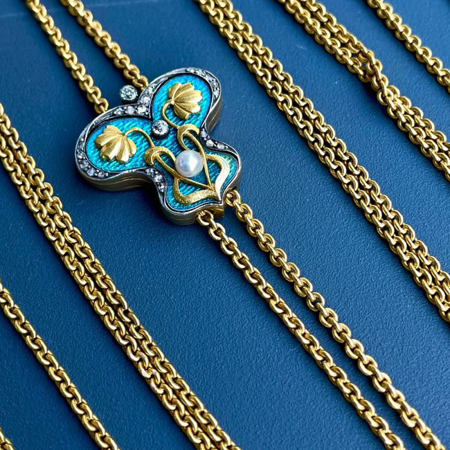 Antique Art Nouveau longguard chain with 21K/22K gold chain, 14K gold blue enamel butterfly slider w-gallery-56085003108667
