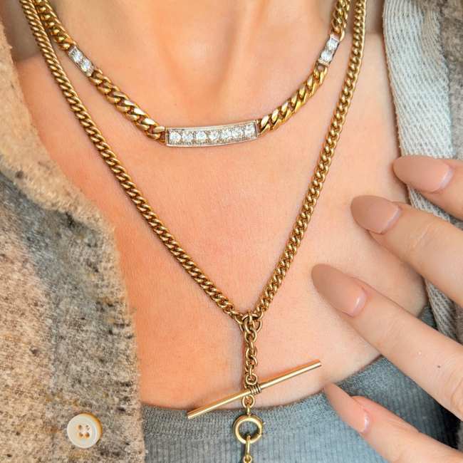 Vintage 14K triple bar 2ctw diamond curb chain, 16 inch-gallery-57436553937211