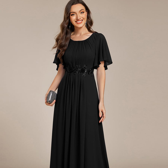 ever ASPYN|Short Sleeve Pleated Applique A-Line Floor-Length Formal Evening Dress-gallery-33497239486538