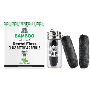BOONBOO Dental Floss | Refillable Glass Bottle + 3 Threads | Total 300FT/90M | Bamboo Charcoal Woven