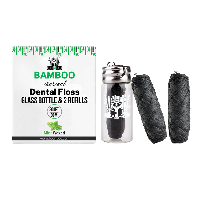 BOONBOO Dental Floss | Refillable Glass Bottle + 3 Threads | Total 300FT/90M | Bamboo Charcoal Woven-gallery-31410266964077