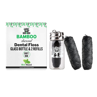 BOONBOO Dental Floss | Refillable Glass Bottle + 3 Threads | Total 300FT/90M | Bamboo Charcoal Woven