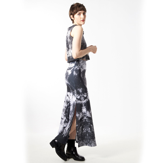 Babs Body-hugging Midi Skirt - Black/White Nature Print Design-gallery-45252201677096