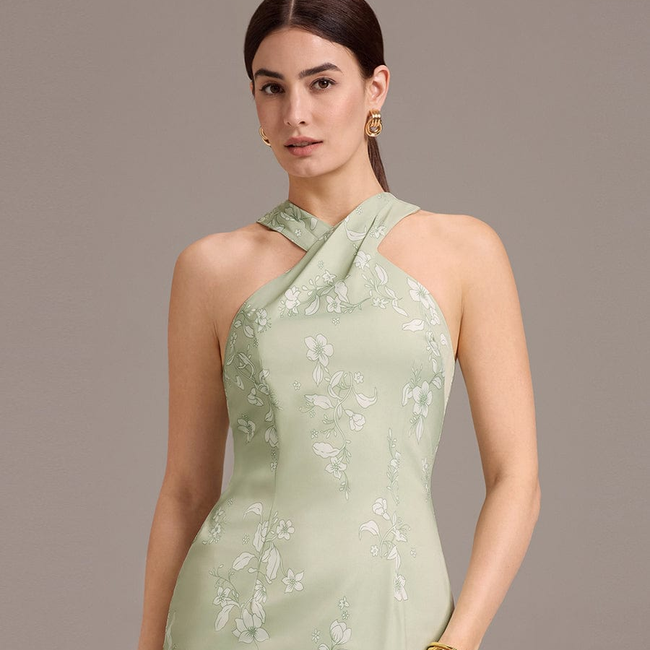 ever AZALEIA|Elegant Cross Halter Neck Floral Satin Bridesmaid Dress with Bow Back-gallery-33287884767306