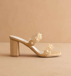 The Helena | Natural Raffia Resort Block Heel Sandal with Pearl Details