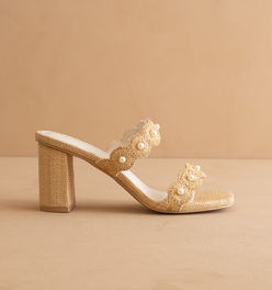 The Helena | Natural Raffia Resort Block Heel Sandal with Pearl Details