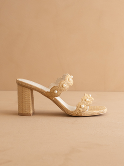 The Helena | Natural Raffia Resort Block Heel Sandal with Pearl Details