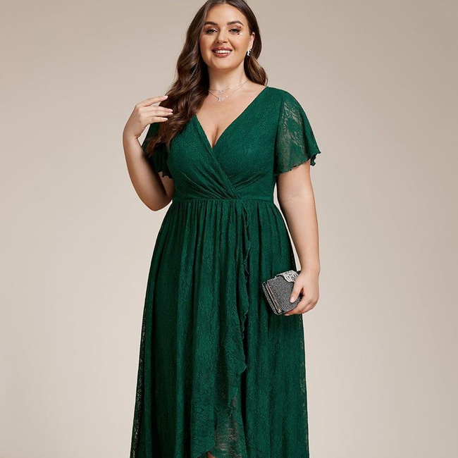ever ELISE|Pleated V-Neck Short Sleeve Ruffled Lace Wedding Guest Dress-gallery-30176363544650
