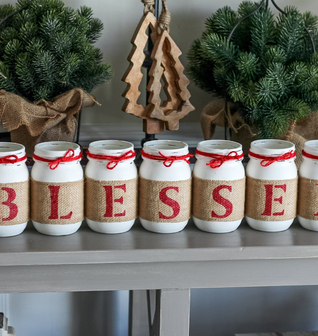 Christmas Decor Blessed Mason Jar Table Centerpiece - White Red - One Sided
