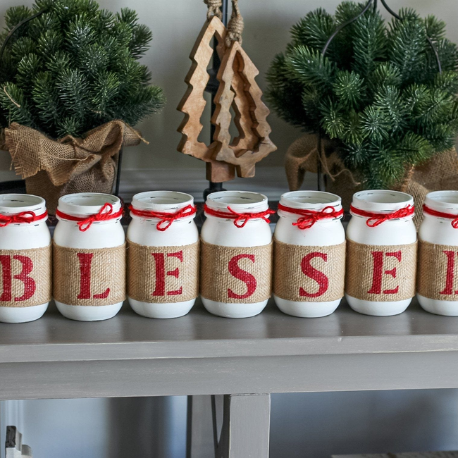 Christmas Decor Blessed Mason Jar Table Centerpiece - White Red - One Sided-gallery-14176400703558