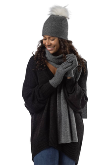 Women's 3pc 100% Cashmere Pom Beanie, Glove & Scarf Set with Gift Box