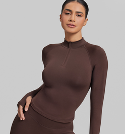 Ultrasculpt Longline Form-Fitting Seamless Thumb Hole Twill Knit Half-Zip Top