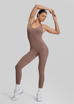 Form-Fitting Full Length Crossback Built-in Bra Sweat-Wicking Bodysuit
