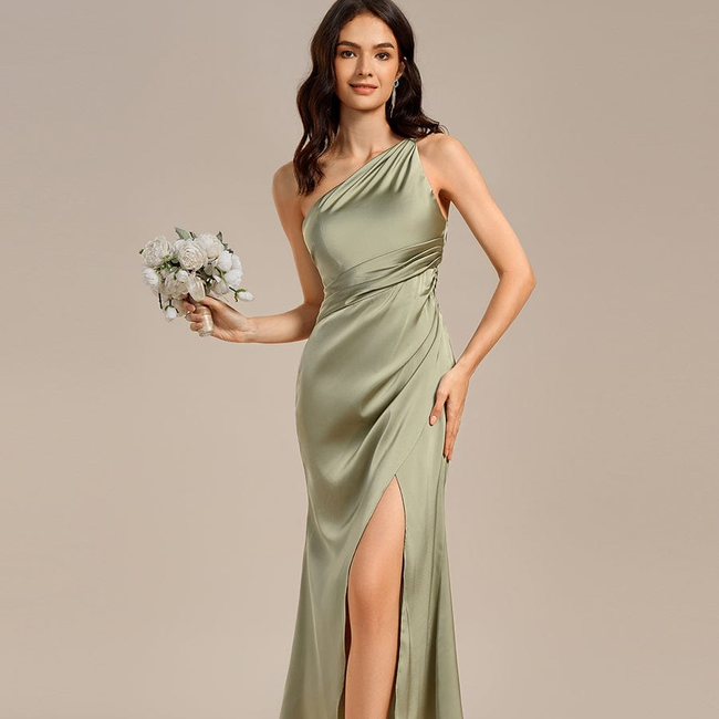 ever REIKO|Satin One Shoulder Ruched Side Split Mermaid Bridesmaid Dress-gallery-33357385760842