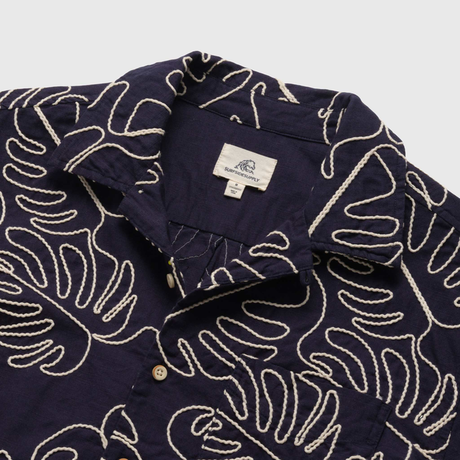 Mariner All Over Leaf Embroidery Camp Collar Shirt - Navy Blazer-gallery-47041090355458