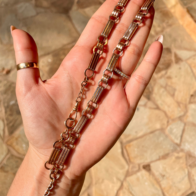 Antique rosy yellow 10K wide bar link watch chain, 16 inch-gallery-49155663921467