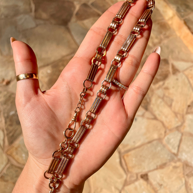 Antique rosy yellow 10K wide bar link watch chain, 16 inch-gallery-49155663921467