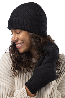 Women's 2pc 100% Cashmere Ribbed Beanie Hat & Glove Set with Gift Box