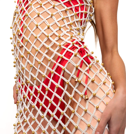 Hand-Woven Crochet Dress with Gold Beads | Cream