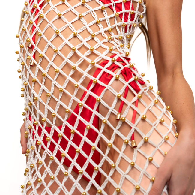 Hand-Woven Crochet Dress with Gold Beads | Cream-gallery-40467460718749
