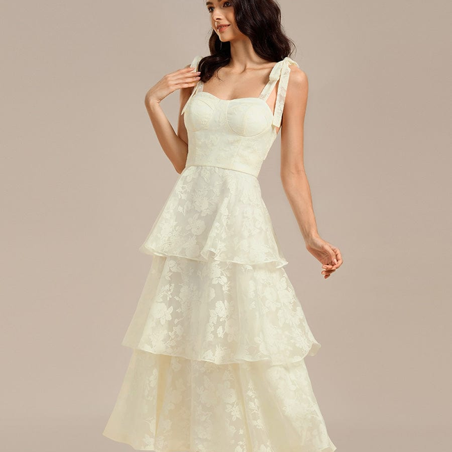 ever CODI|Bow Straps Floral Lace Tiered Dress-gallery-33357375569994