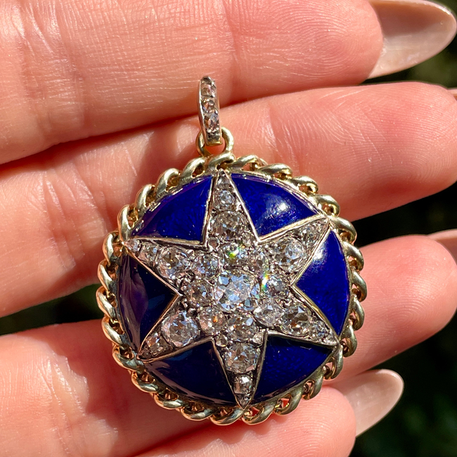 Antique yellow 14K approx over 4 ctw old mine cut and rose cut diamond blue enamel star statement pe-gallery-56086940090683