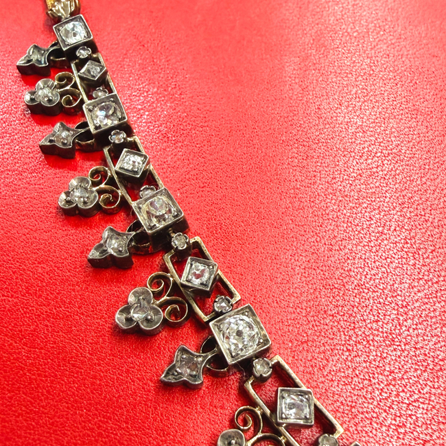 Antique 21K gold and silver topped over 7ctw Old Mine Cut diamond, rose cut diamond and pearl fringe-gallery-57093438669115