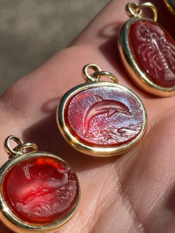 Vintage yellow 18K carved carnelian aquatic animal pebble pendants